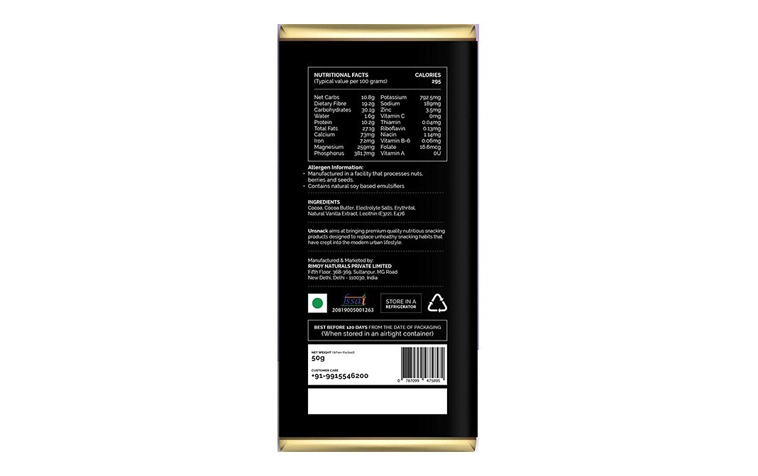 Unsnack Dark Keto Chocolate    Pack  50 grams